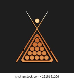 Gold Billiard cue and balls in a rack triangle icon isolated on black background. Long shadow style. Vector.