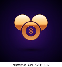 Gold Billiard pool snooker 8 ball icon isolated on dark blue background. Billiard eight ball.  Vector Illustration