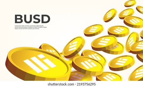Gold Binance USD coin falling from the sky. BUSD cryptocurrency concept banner background.