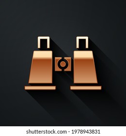 Gold Binoculars icon isolated on black background. Find software sign. Spy equipment symbol. Long shadow style. Vector
