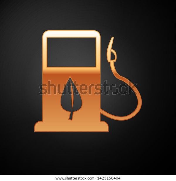 Gold Bio fuel concept with fueling nozzle\
and leaf icon isolated on black background. Gas station with\
leaves. Eco refueling. Vector\
Illustration