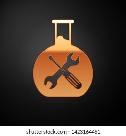 Gold Bioengineering with screwdriver and wrench icon isolated on black background. Adjusting, service, setting, maintenance, repair, fixing.  Vector Illustration