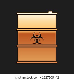 Gold Biological hazard or biohazard barrel icon isolated on black background. Radioactive garbage emissions, danger of ecological disaster. Long shadow style. Vector.