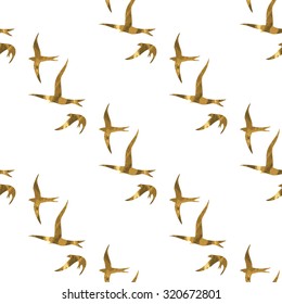 Gold birds seamless pattern. Hipster gold texture. Stylish print with gold birds. Gold flash tattoo. Cute background for packaging, fabric, website background, cards. Vector illustration 