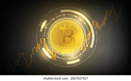 Gold-Bit-Münzblockchain-Technologie mit globalem Netzwerkanbindung-Konzept, geeignet für Finanzinvestitionen oder Geschäftsidee, verschlüsselt Währungstrend und alle Art-Design - Vektorschwarzer Hintergrund.