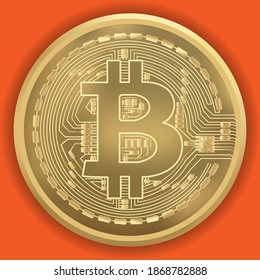 Gold bitcoin coin. Gold cryptocurrency coin on orange background. Vector illustration