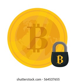 gold bitcoin coin with padlock icon over white background. vector illustration 