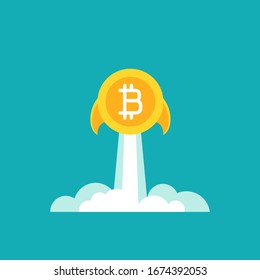 Gold bitcoin coin as rocket flies up. Currency strengthening and increasing of exchange rate. Online paying, income growth. Flat icon. Isolated on white.  Crypto currency, virtual electronic, internet