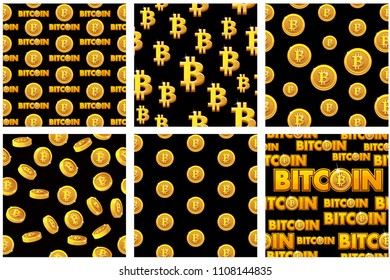 Gold Bitcoin coins on black background, collection seamless Patterns. Vector Digital internet currency