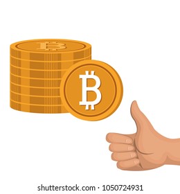 Gold bitcoin coins with thumb up. Vector illustration