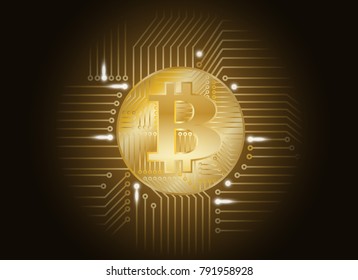 gold Bitcoin conceptual , black background with gold glowing electric lights.