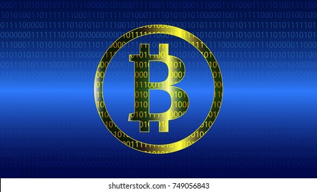 Gold Bitcoin created on Binary Code. Vector. Background.