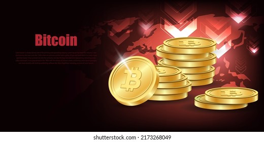 gold bitcoin crisis with down graph on world map background copy space cryptocurrency technology concept