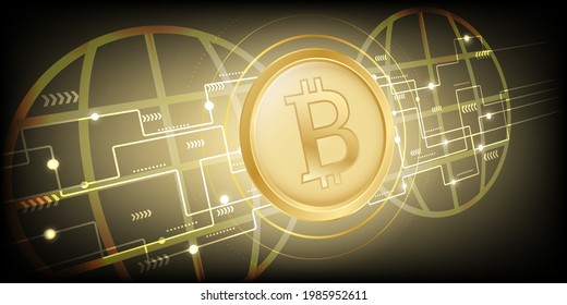 Gold bitcoin crypto digital currency futuristic golden bit coins digitals money, technology worldwide network Concept of online cryptocurrency mining Sci-fi design blockchain for graphic design Vector