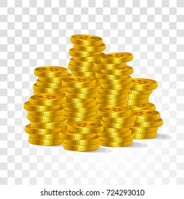 Gold Bitcoin is a digital virtual currency. Internet search. Vector golden coins bitcoins symbols virtual technology cryptographic money stacked pile
