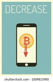 Gold bitcoin down with mobile phone .vector business finance. Growth, economy, investment and technology,Leadership concept, Minimalist retro poster