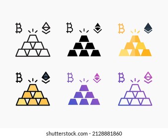 Gold bitcoin and ethereum icon set with line, outline, flat, filled, glyph, color, gradient. Editable stroke and pixel perfect. Can be used for digital product, presentation, print design and more.