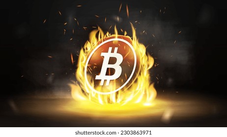 Bitcoin de oro en llamas de fuego sobre un fondo oscuro y borroso con niebla