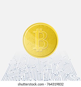 Gold bitcoin in a flat style on a white background - crypto currency, electronic payments.