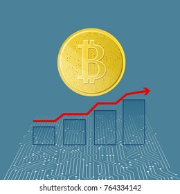 Gold bitcoin in flat style on a blue background - crypto currency, electronic payments. The graph of income growth.