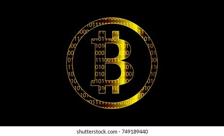 Gold Bitcoin Icon created by Binary code on black background. Vector.