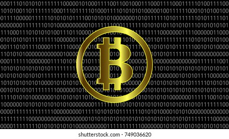 Gold Bitcoin icon on Binary Code background. Vector. 