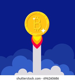 Gold bitcoin increase cartoon style isolated. The growth rate of the gold coin for designers and illustrators. Gold piece appreciation in the form of a vector illustration