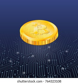 Gold bitcoin isometric projection on a blue background - kripovalyuta, electronic payments.