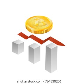 Gold bitcoin isometric projection on a white background - kripovalyuta, electronic payments. The graph of income growth.