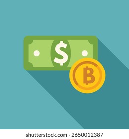Bitcoin de ouro está colocado perto de uma nota de dólar, ilustrando o conceito de criptomoeda substituindo dinheiro fiduciário
