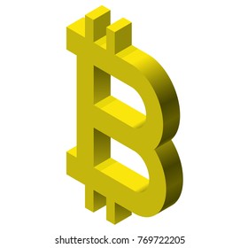Gold bitcoin mark in isometric perspective. Modern symbol, cryptocurrency in minimalist stylization. Graphic icon of virtual digital currency, internet investing. Cloud mining brand, electronic money