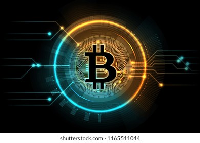 Gold bitcoin. Mining business symbol, internet exchange digital market. Cryptocurrency, blockchain technology vector background. Bitcoin virtual, btc illuminate net, neon bright cryptocurrency