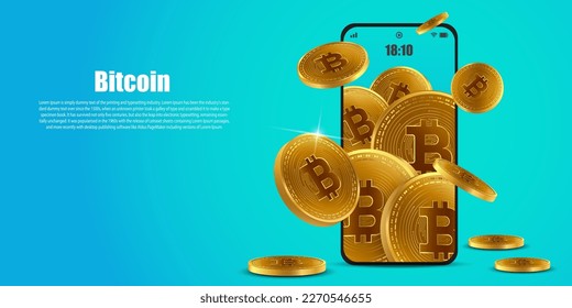 gold bitcoin with mobile background copy space,cryptocurrency technology concept