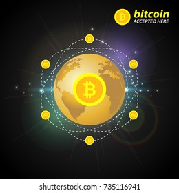 Gold bitcoin on the background of the planet. Design concept digital crypto currency.