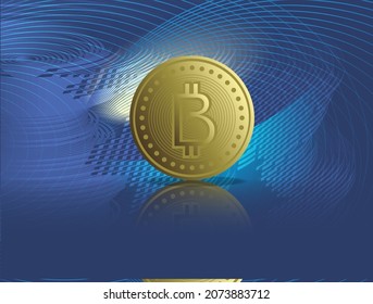 Gold bitcoin on digital background.