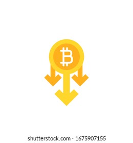 Gold bitcoin sign and down arrows. Flat icon isolated on white. Economy, finance, digital money. Vector illustration. Crypto currency, virtual electronic, internet money. decrease, fall symbol.