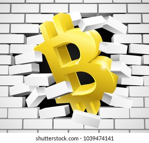 A gold Bitcoin sign symbol icon breaking through a white brick wall