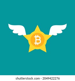 gold bitcoin star with wings. flat icon isolated on blue background. Economy, finance, digital money. Online paying pictogram. Vector illustration. Crypto currency, virtual electronic, internet money