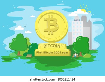 Gold bitcoin statue in green central Park with city, bank, taxi cars, trees, building, and blue sky. Minimalism Flat icon infographic crypto currency banner.