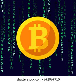 Gold bitcoin symbol, cryptocurrency digital payment system flat icon on dark matrix style background. Vector illustration for web and commercial use.