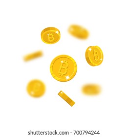 Gold bitcoins flying cartoon isolated. Gold bitcoins with the effect flying in the air in a cartoon style for designers and illustrators. Floating pieces in the form of vector illustrations