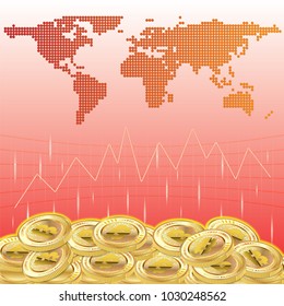 Gold Bitcoins with movement of graph and world map made from thousand of dots