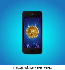 Gold bitcon on smartphone