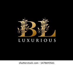 Gold BL Letter Luxury Logo. Vintage Letter BL With Floral Shape design perfect for fashion, Jewelry, Beauty Salon, Hotel Logo. Cosmetics, Spa Logo. Resort and Restaurant Logo. 