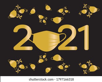 Afiche de año nuevo Gold and Black 2021 - Los números 2021 con máscara facial y decoración dorada con máscaras faciales sobre fondo negro