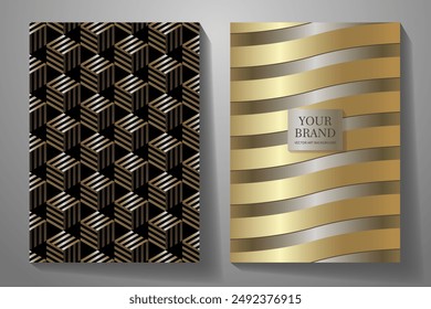Conjunto de diseño de cubierta elegante geométrica 3d dorado y negro. Colección de fondo de Vector de lujo con Formas 3d doradas y negro para diseño de portada, invitación, póster, flyer, invitación de lujo, cupón prestigioso