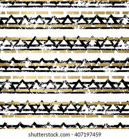 Gold and black abstract grunge vector geometric seamless background print. Stripped textured pattern for card, cover, invitation, wallpaper, web design, fabric, textile, clothes