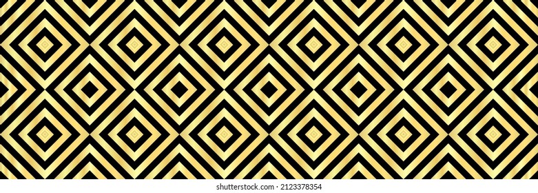 Gold and black abstract line geometric diagonal square seamless pattern banner background. Vector illustration.