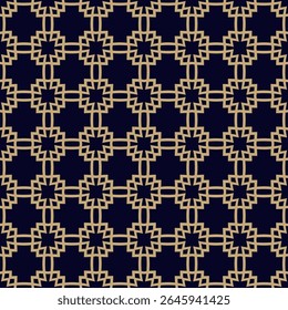 Gold and black abstract vector seamless pattern. Simple geometric ornamental texture with intersecting lines, grid lattice, floral silhouettes. Background in asian style. Golden repeated geo design