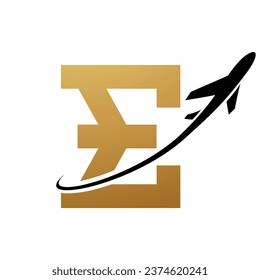 Gold and Black Antique Letter E Icon with an Airplane on a White Background